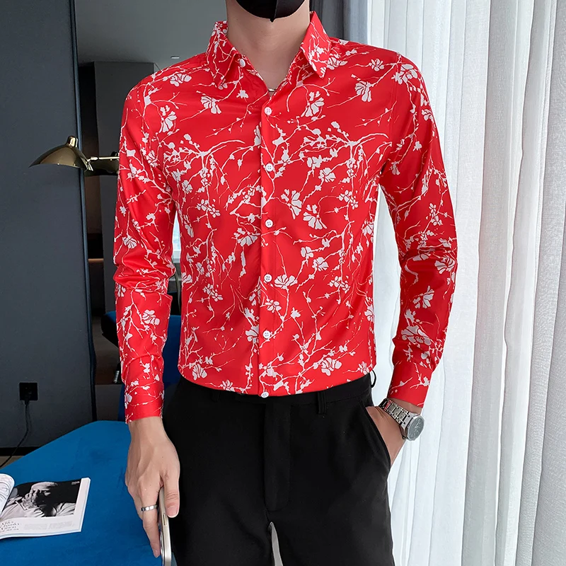 

New Autumn Men Floral Dress Shirt Vintage Flower Printed Social Long Sleeve Mens Fashion Shirts Tops Streetwear Plus Size 4xl