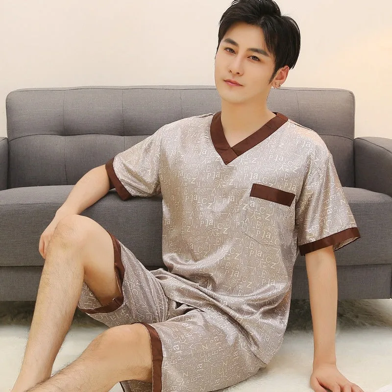 Silk Sleepwear Men Summer Short Sleeve Shorts Pajamas Sets Luxury Brand Nightwear Homewear Loungewear Loose Pajamas Korean