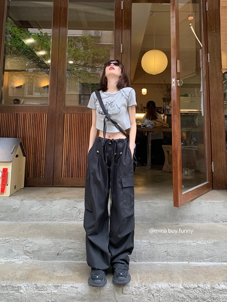 HOUZHOU Y2K Drawstring Black Cargo Parachute Pants Women Harajuku Streetwear Oversize Wide Leg Straight Trousers Female Pockets