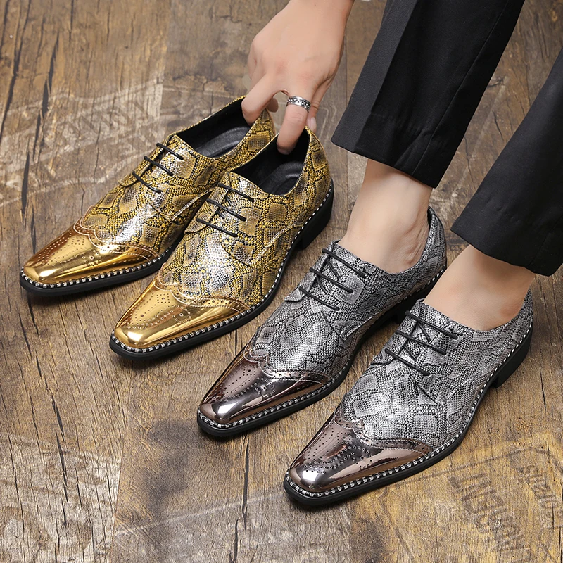 Men Fashion Block Shoes Silver Gold Luxury Gold Lace Leather Shoes Personalized Pointed Business Dress Size 38-46