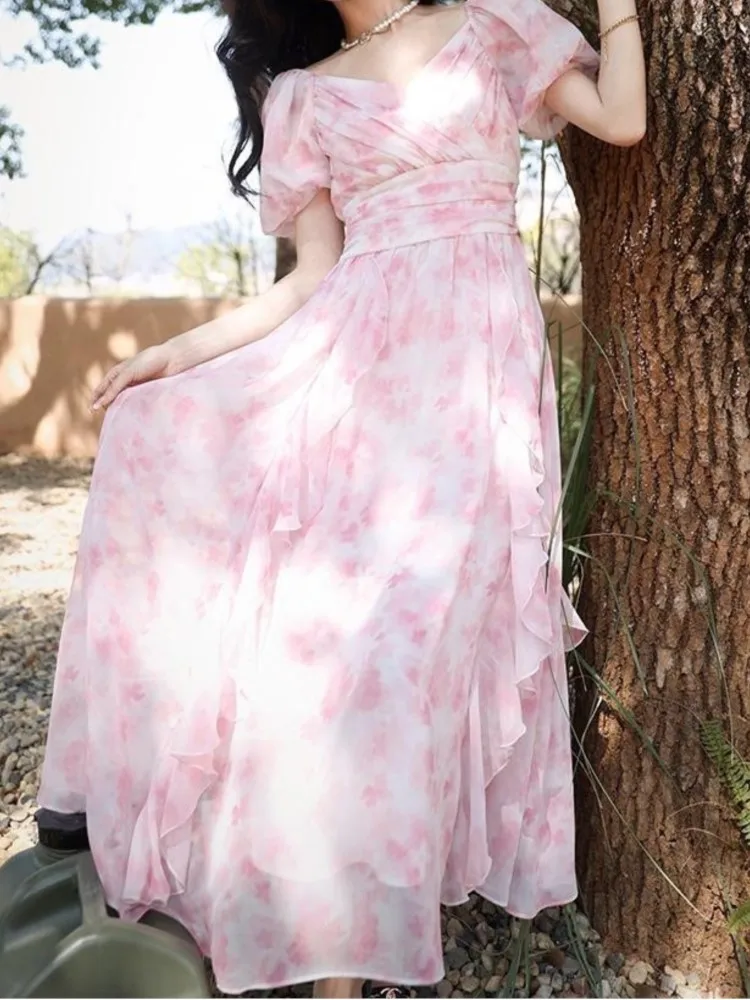 

Floral Elegant Pink Long Dresses Women Summer Beach Style Clothes Korea V-neck Vintage Puff Sleeve Fairy Vestidos Robe