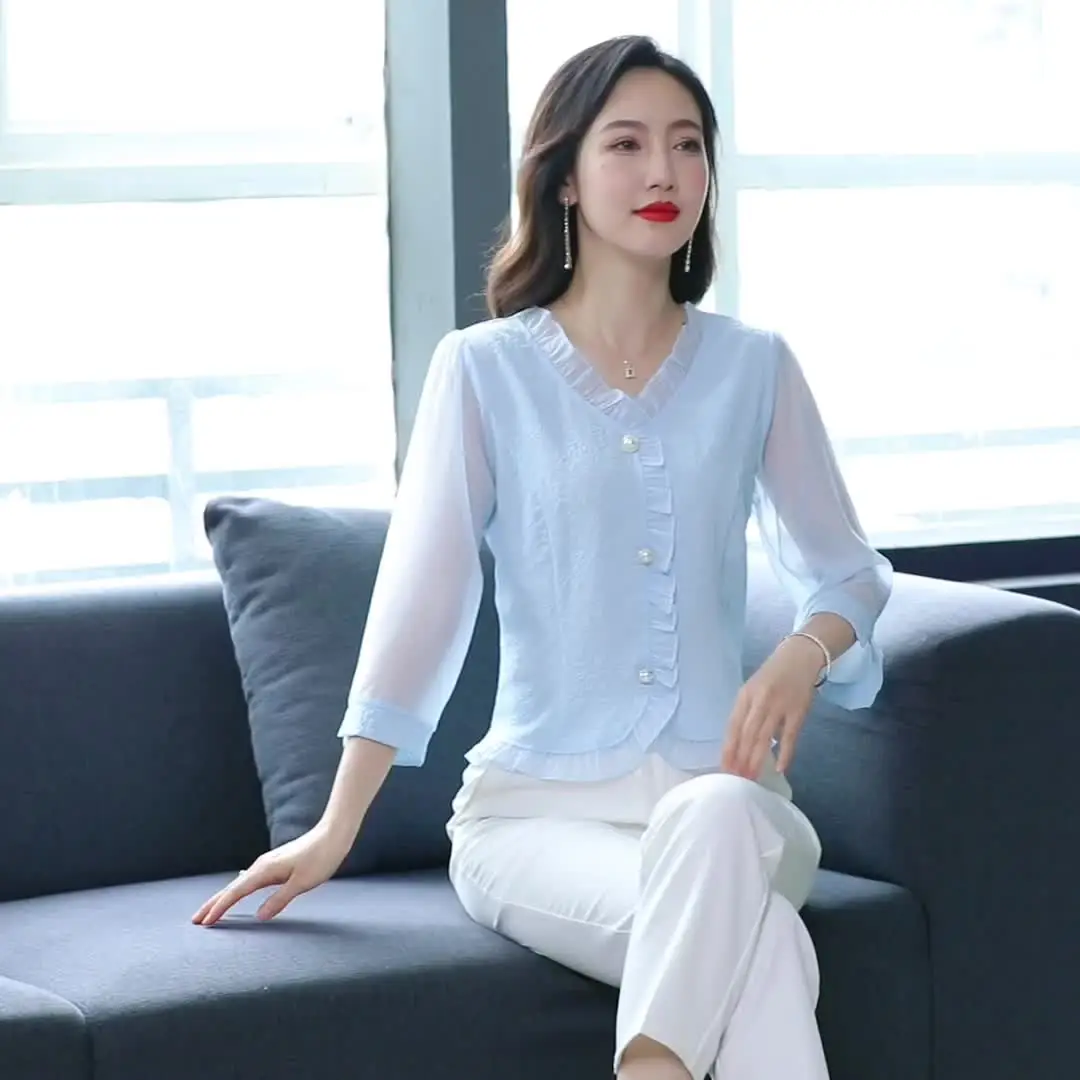 Шифоновая однотонная блузка с рукавом 3/4 летняя новая кружевная свободная