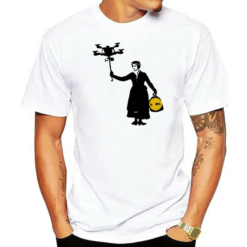 T-Shirt Unisex Verde Oliva Banksy Mary Poppins Drone T-Shirt Art T-Shirt Allentata Plus Size
