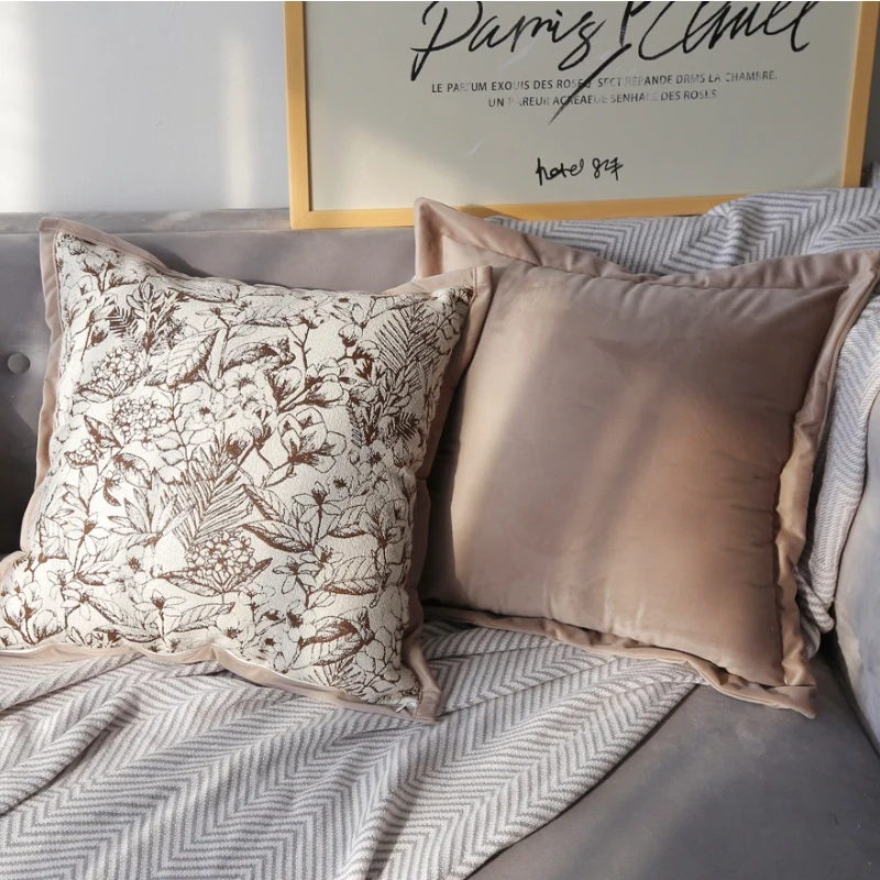 

Khaki Velvet Natural Plants Jacquard Chenille Cushion Cover Decorative Pillow Case Country Style Sofa Chair Bed Coussin