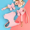 3pcs/set Dog Collar Harness and Leash Cute Bowknot Dogs Buckle Collars Pet Vest Harness Lead Leash Small Medium Dogs Pink Bowtie 3