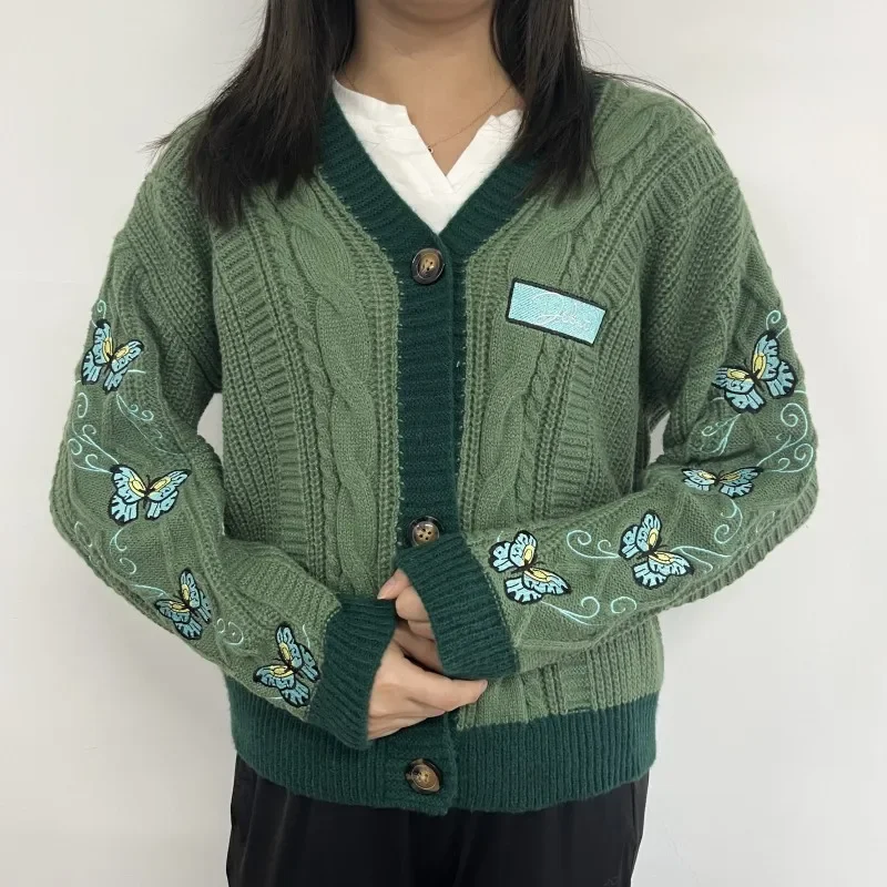 Dark Green Cardigan with Butterfly Embroidered Female Autumn Winter Letter Patch Knitted Cardigan Women 2024 New Sweaters Tops 4