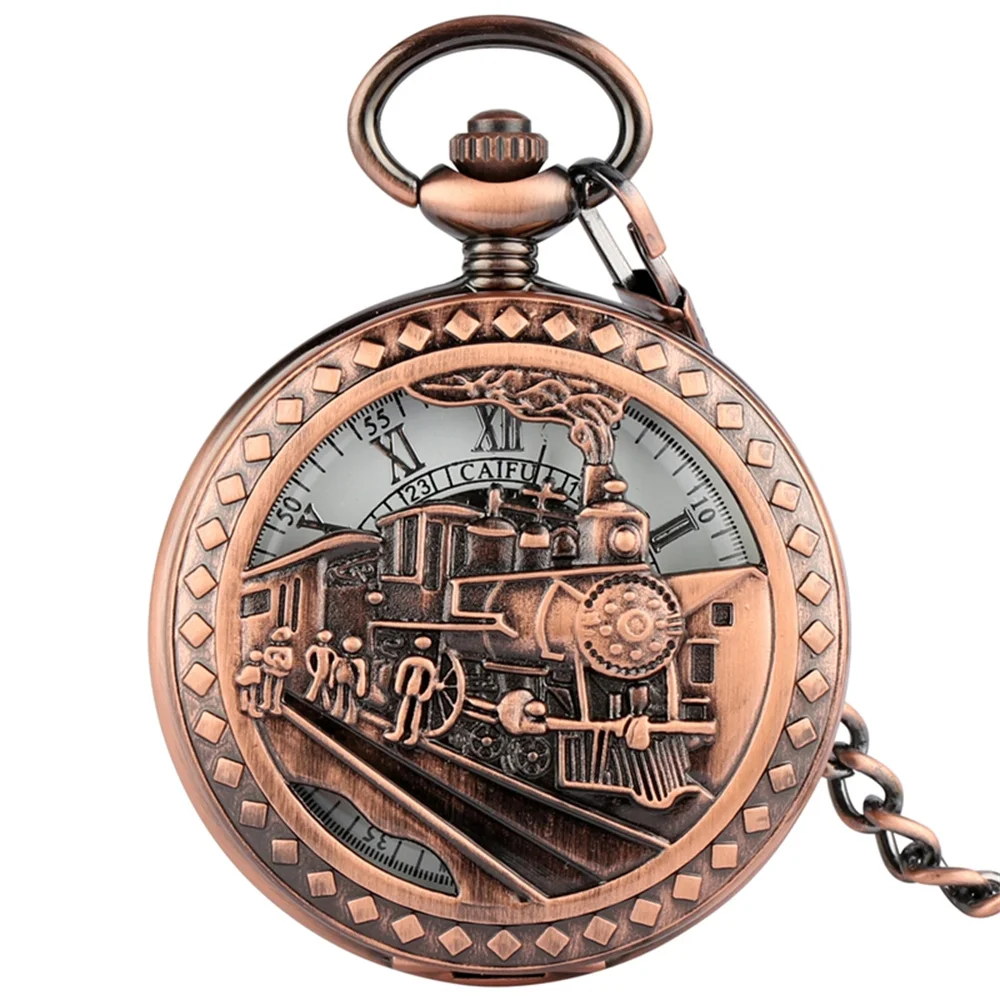 

Rose Gold/Black Mechancial Pocket Watch Hand Winding Movement Roman Numerals Dial Steam Train Watch Cover Pocket Chain Timepiece