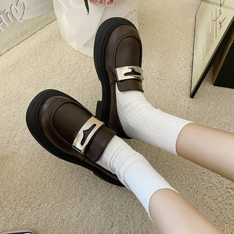 

Shoes Woman Flats Shallow Mouth Oxfords Round Toe British Style Casual Female Sneakers Slip-on Loafers With Fur Dress Leather Re