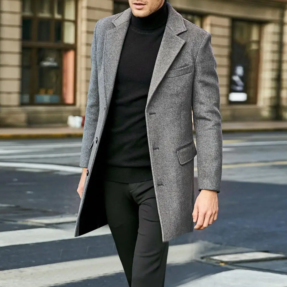 Wool Overcoat Flap Pocket Jacket Mid-length Warm Overcoat For Men Lapel Flap Pockets Solid Color Single-breasted Suit For Winter