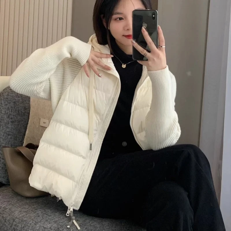

Warm winterfashionableDown Female Knitted Sleeve Short Stitching White Duck down 2023 Autumn and Winter New Korean Style Fashion