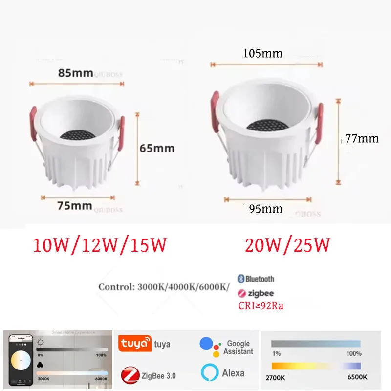 TUYA ZIGBEE/Bluetooth APP Intelligent Embedded Anti Glare LED Downlight 10W 85-265V Spotlight 24W Intelligent Home Lighting
