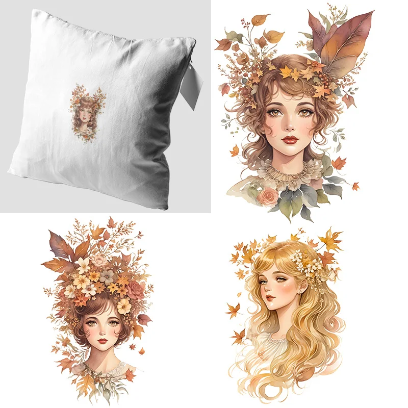 Autumn-Leaf-Girl-DTF-Thermo-Sticker-Decals-Heat-Transfer-On-Clothes ...