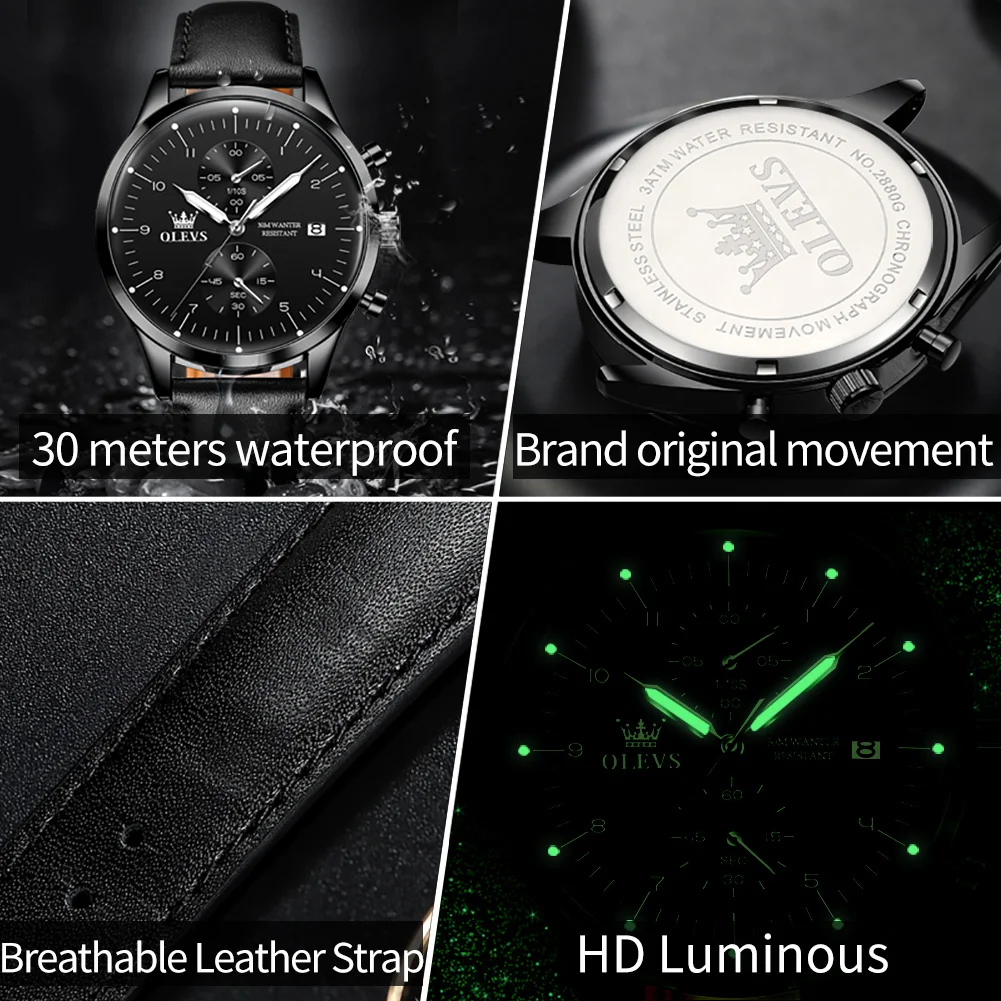 OLEVS Brand New Fashion Chronograph Quartz Watch for Men Luxury Leather Strap Waterproof Luminous Men Watches Relogio Masculino