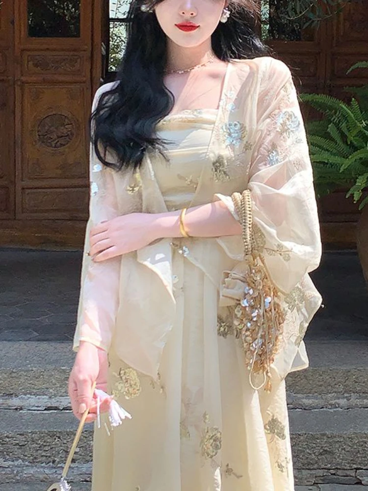 

Элегантное винтажное Цветочное платье-комбинация, женское повседневное длинное сказочное платье с блестками и вышивкой, женское осеннее модное платье в Корейском стиле, 2024