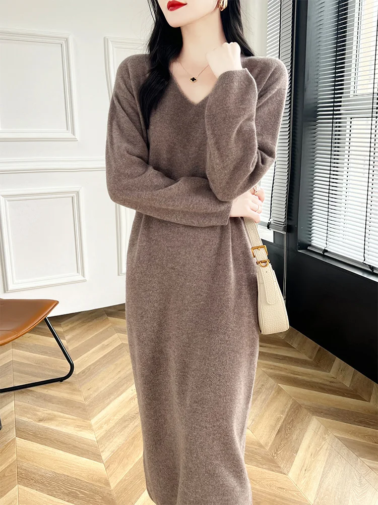 Girls Dress Women Sweater Dress V-Neck Pullover Long Dress Merino Wool Cashmere Knitwear