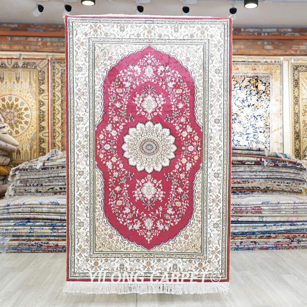 91x152cm Tabriz Silk Carpet Red Hand Knotted Turkish Oriental Rug