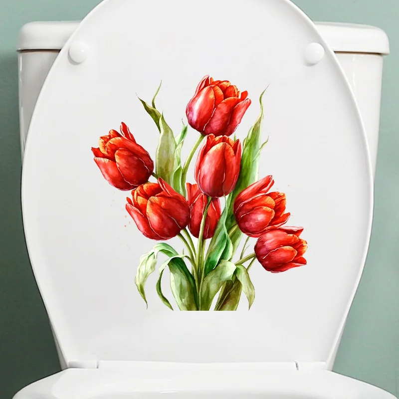 Watercolor Hand Drawn Floral Peony Flower Green Plants Butterfly Wall Stickers Bathroom Toilet Decor Decals Self Adhesive Murals toilet stickers toilet wall stickers toilet seat stickers