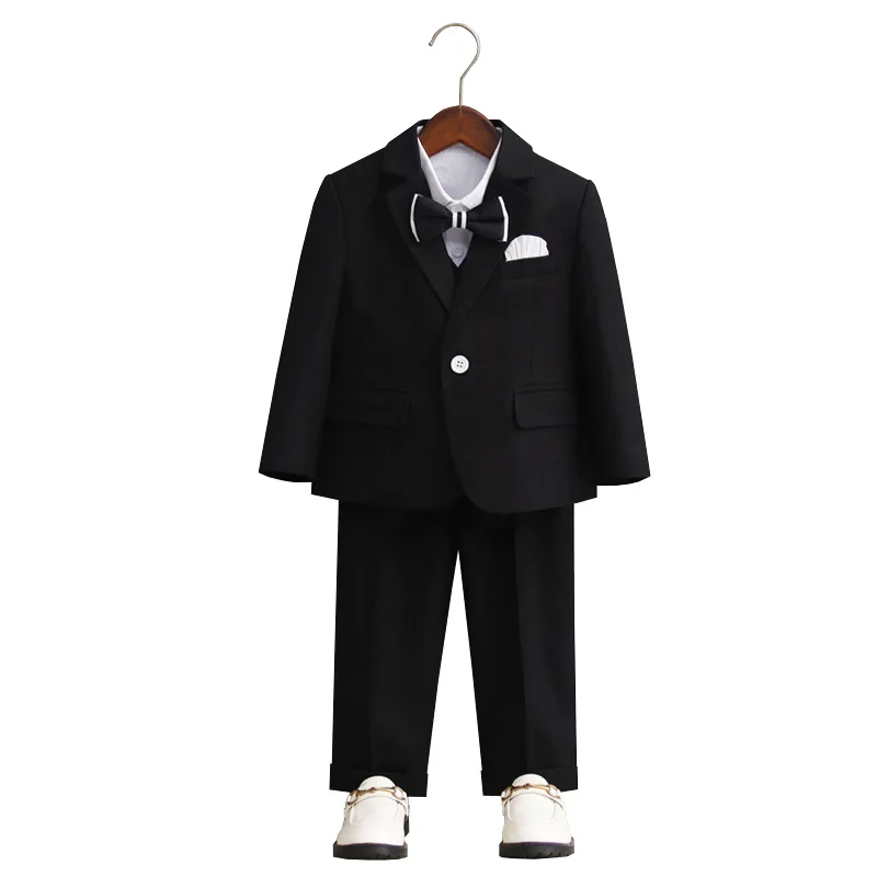 Children's Formal White Black Suit Set Boy Wedding Dress   Birthday Party Host   Performance Costume Kids Blazer Pants Bowtie