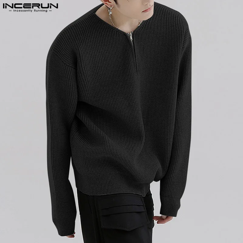 Korean Style Casual Simple Style Tops INCERUN Men Casual All-match Sweater Fashion Party Hot Sale Solid Semi-zip Pullovers S-5XL