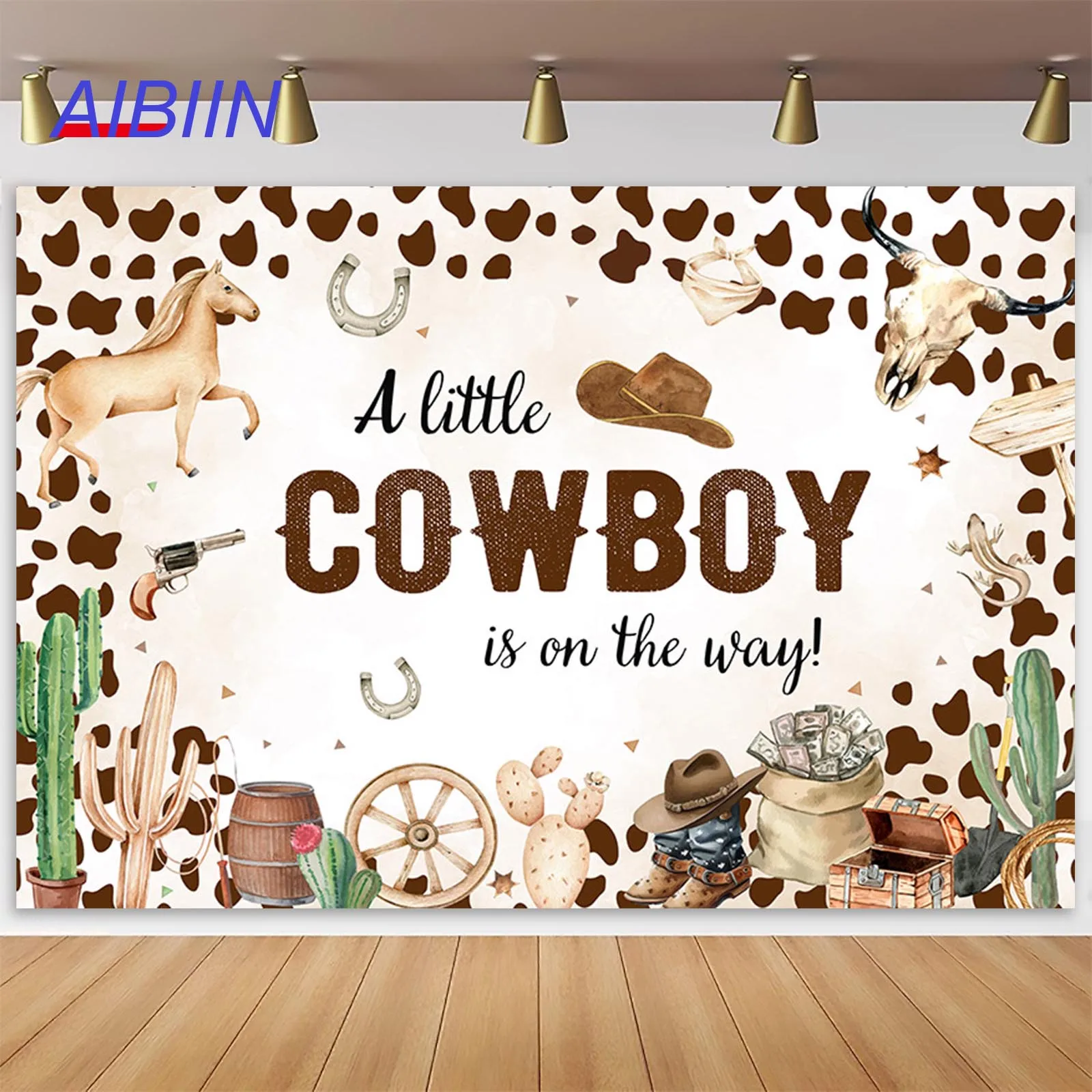 

AIBIIN Gender Reveal Party Backdrops Decor A Little Cowboy is on the Way Cactus Horse West Rustic Wood Boot Hat Photo Background