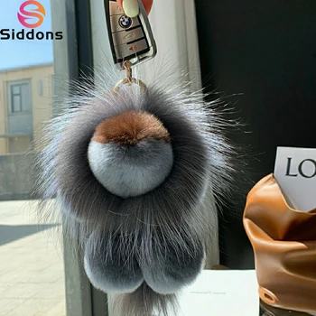 Luxury Real Rex Rabbit Fur Lion Pendant Keychain Women Cute Plush Doll Toy Kids Trinkets Bag Car Keyring Ornament Birthday Gift