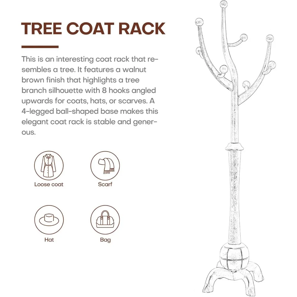 Coat Rack Freestanding Wood Coat Tree Rack with 8 Hooks,Creative Design Tree Branch-look, Standing Coat Rack Clothes Hanger 6
