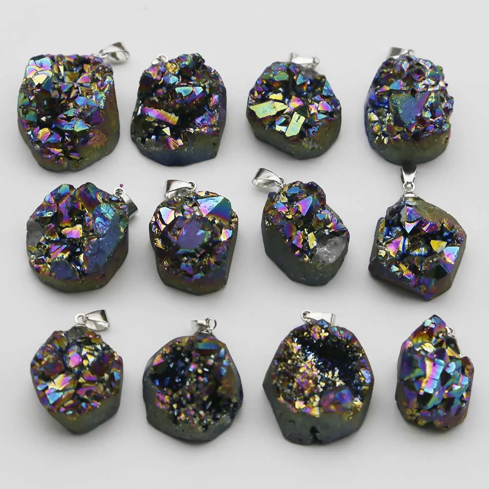 

Natural Raw Stone Irregular Rainbow Crystal Cluster Pendant Electroplated Color Necklace Charm Fashion Accessories Wholesale 15P