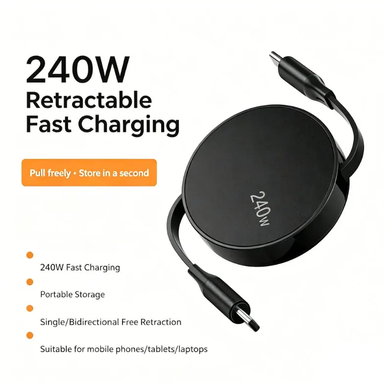 240W格納式USB-C PD急速充電ケーブル、1M Type-Cデータ同期コード、iPhone、MacBook、iPad、Xiaomi、Samsung Galaxyに対応