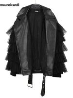Mauroicardi-Veste courte en cuir PU pour femme avec ceinture, vêtements de créateur de luxe, dentelle patchwork, doux, léger, noir, printemps, 2025 2