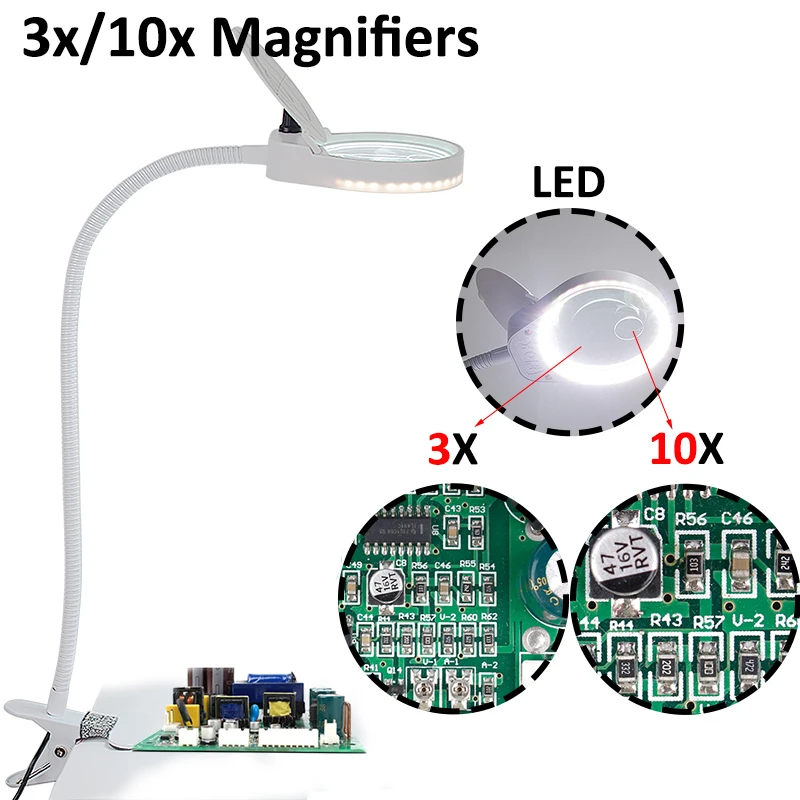 3X10X White Magnifying Glass Table LED Lamp Loupe -35pcs