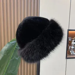 Luxurious Women's Fluffy Faux Fur Winter Hat - Stylish Thick Plush Bucket Cap (Black)