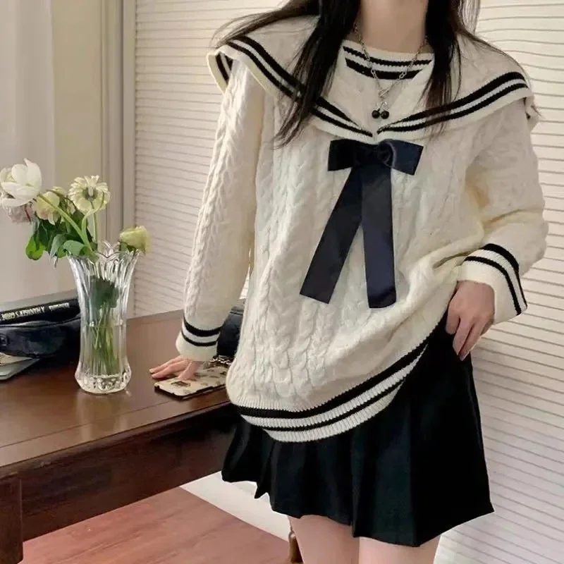 

Deeptown Kawaii Sailor Collar Sweater Women Vintage Japanese Preppy Style Cute Long Sleeve Jumper Casual Knitted College Clothes