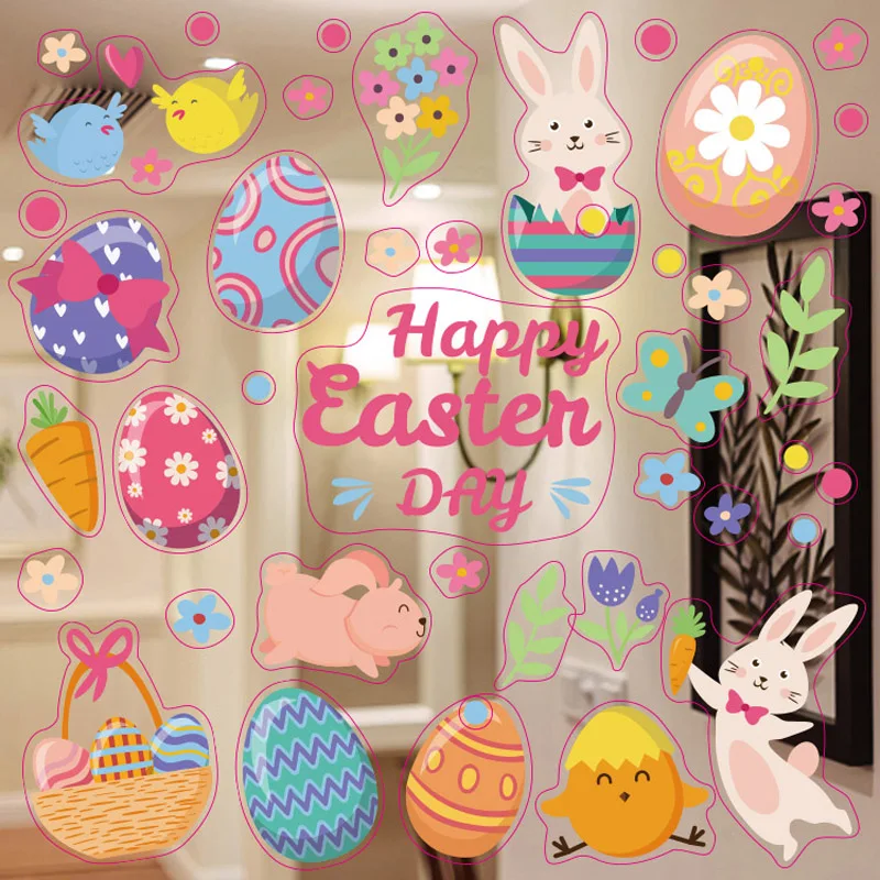 

2 Sheets Happy Easter Window Cling Decals Bunny Egg Static Stickers Easter Theme Party DIY Window Glass Decoration Supplies