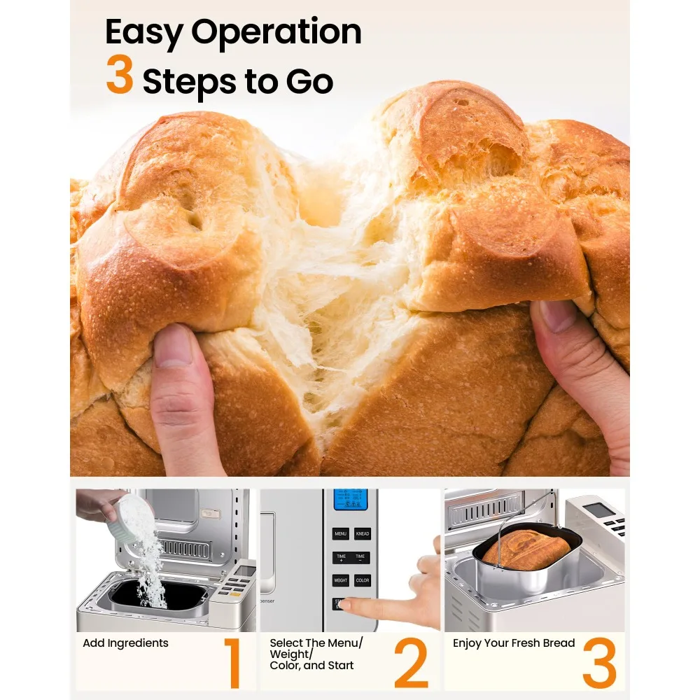 25-in-1 Bread Maker Machine with Automatic Dual Dispenser, 2LB Stainless Steel Breadmaker with Gluten-Free 3