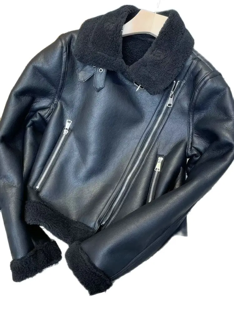 

2023 Women Winter Black Faux Suede Lambswool Leather Fur Short Jackets Lady Motor Biker Thick Warm Sheepskin PU Coats Streetwear