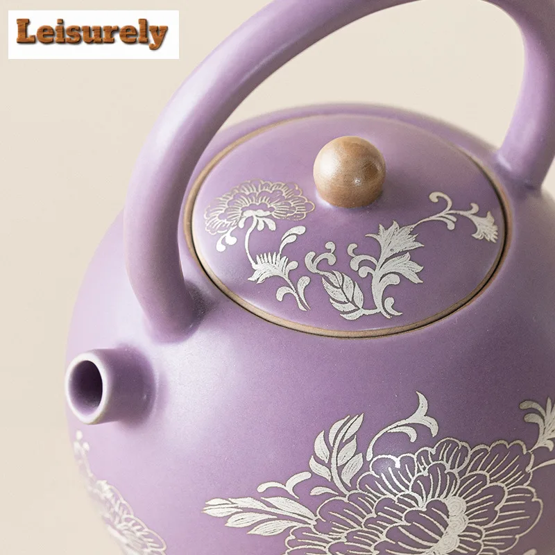250ML Purple Ru Porcelain Gild Silver Peony Teapot Retro Tea Infuser Lifting Handle Pot Tea Maker Kettle With Strainer Teaset