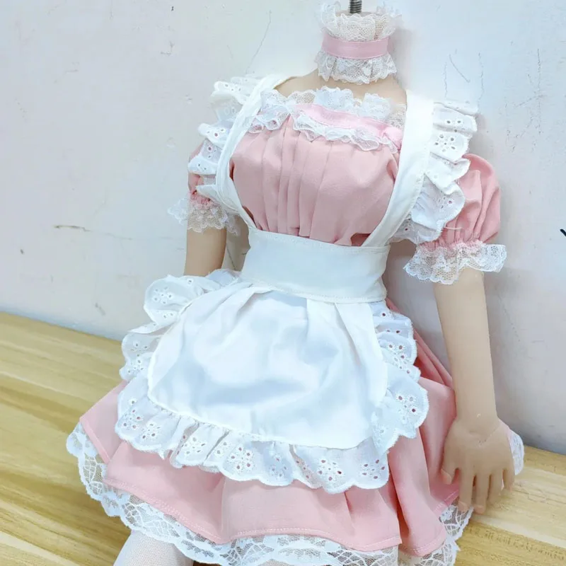 68-80cm 실리콘 인형 메이드복 반소매 레이스 프릴 드레스 앞치마 양말 세트 부드러운 색상 변하지 않는 수제 인형 의류