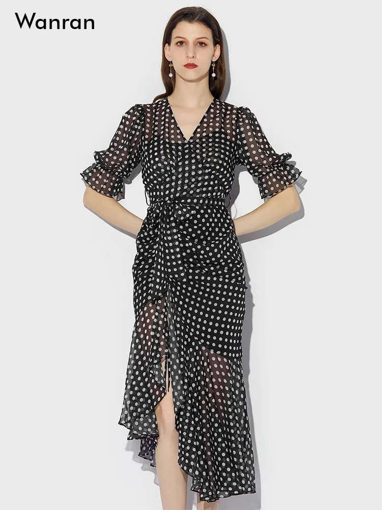 

2023 Summer New Women's Fashion Temperament French Polka Dot Chiffon Waist Slim Lantern Sleeve Dress Long Dress