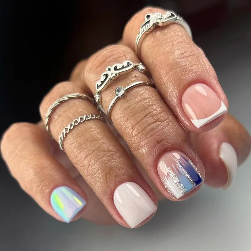 Short 24Pcs Simple Square False Nails Artificial Fake Nails with Glue Full Cover Nail Tips Wearable Finished D_voghion.com