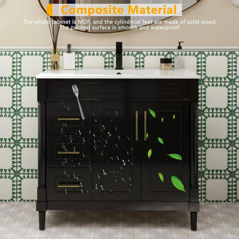 36" Bathroom Vanity with Sink Combo,Painted Bathroom Storage Cabinet with Cylindrical Feet, Mirror is NOT Included, Black 6