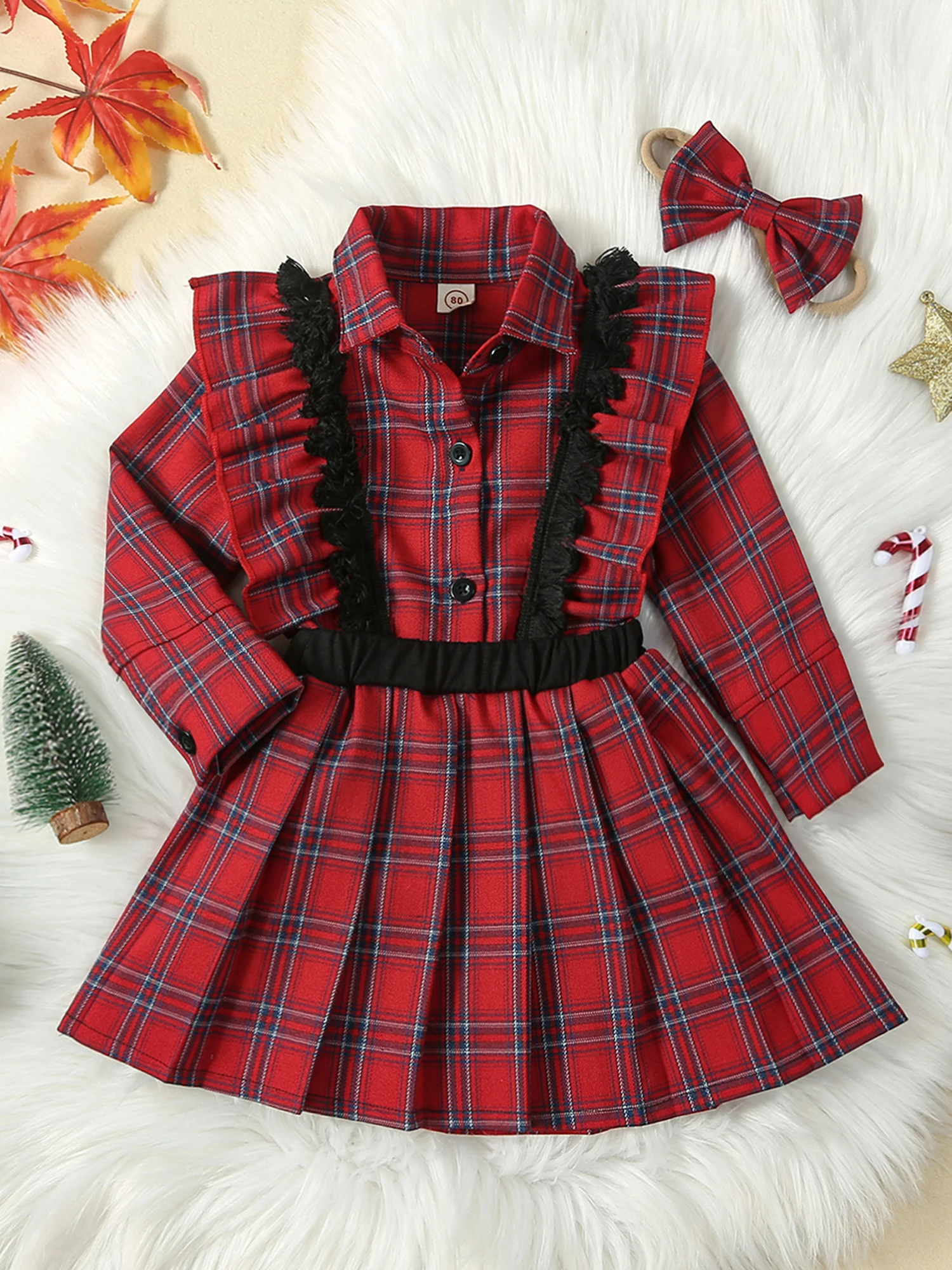 

Baby Boy Christmas Outfits Plaid Lapel Button Shirt Pants Bowtie 3Pcs Clothes Set with Suspenders