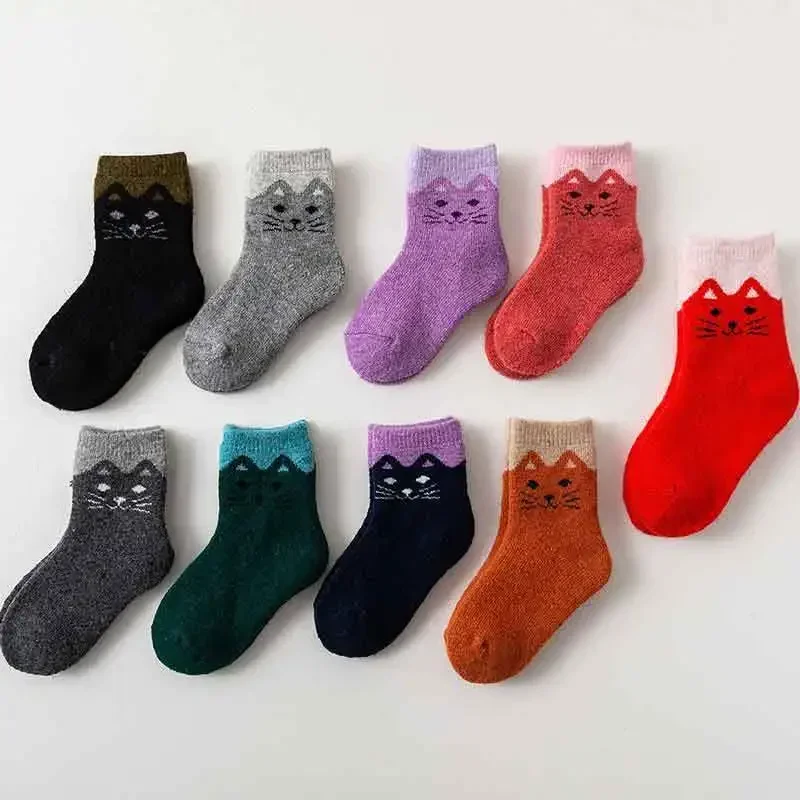 Cute Cat Warm Baby Sock Retro European Style Calf Socks for Kids Boy Girl Autumn Winter Thermal Cotton Sock for 1-12 Year Kid