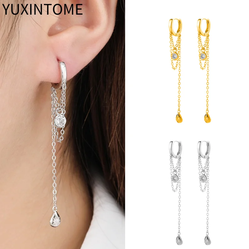 

925 Sterling Silver Ear Needle Long Chain Tassel Hoop Earrings For Women Water Drop zircon Pendant Earrings Luxury Jewelry Gifts