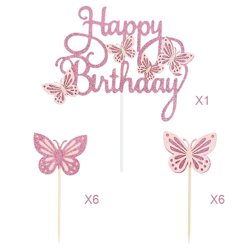 13Pcs Pink Butterfly Happy Birthday Cake Topper Kids Girl 1st Birthday Party Cake Decoration Dessert Cupcake Topper Supplies 
