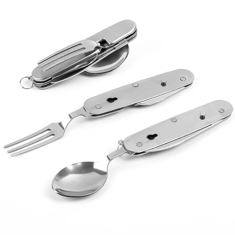 6-in-1 Portable Camping Cutlery Set Stainless Steel Folding Fork Spoon Knife Opener Tableware Hiking Travel Kitchen Utensils