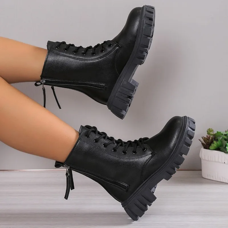 2023 Brand Shoes for Women Ankle PU Women's Boots Platform Modern Boots Women Lace Up Round Toe Zip Fretwork Heel Shoes Ladies