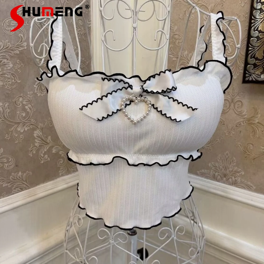 

French Style Girl Slings Bow Pearl Heart Wooden Ear Slimming Contrast Color Cropped Top Padded Strap Vest Y2k Clothes Camisoles