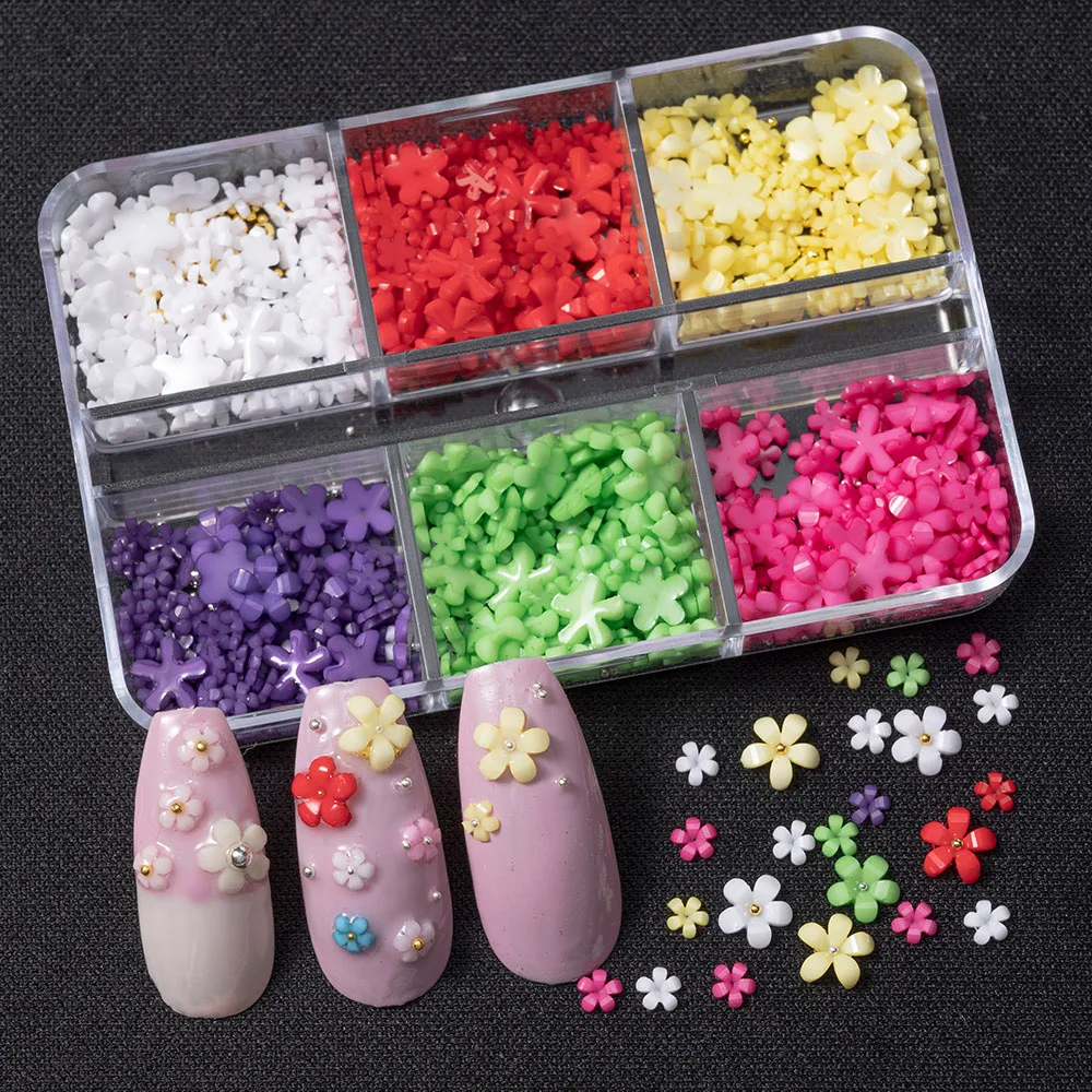

6-Gird/Box Kawaii Flower Nail Charms 5-petals Resin Macaroon Floret Charm Nail Art Decorations Mixed Size Manicure Accessorie YY