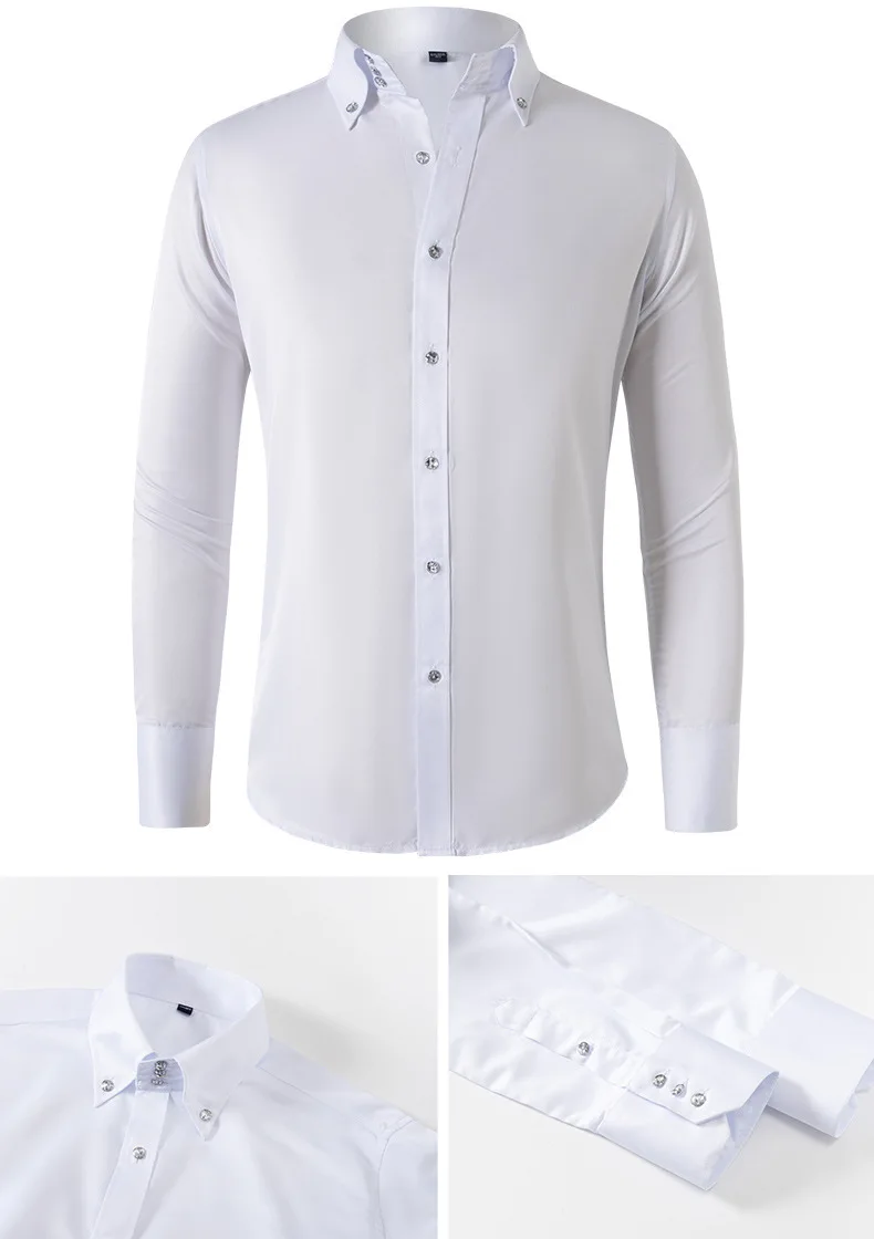 Solid color shirt men's crystal button long sleeved pointed collar light luxury men's business casual men's wear