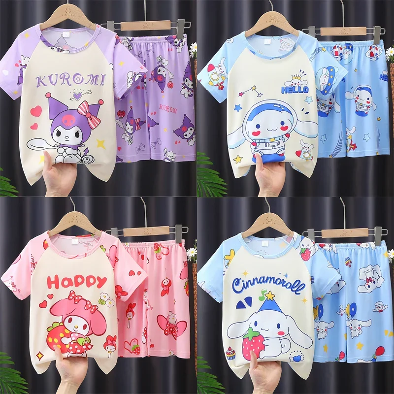 Children's Sleep PajamasSet Kawaii Anime Kuromi Cinnamoroll My Melody 2024 Summer Kids Casual Homewear Breathable Nightwear